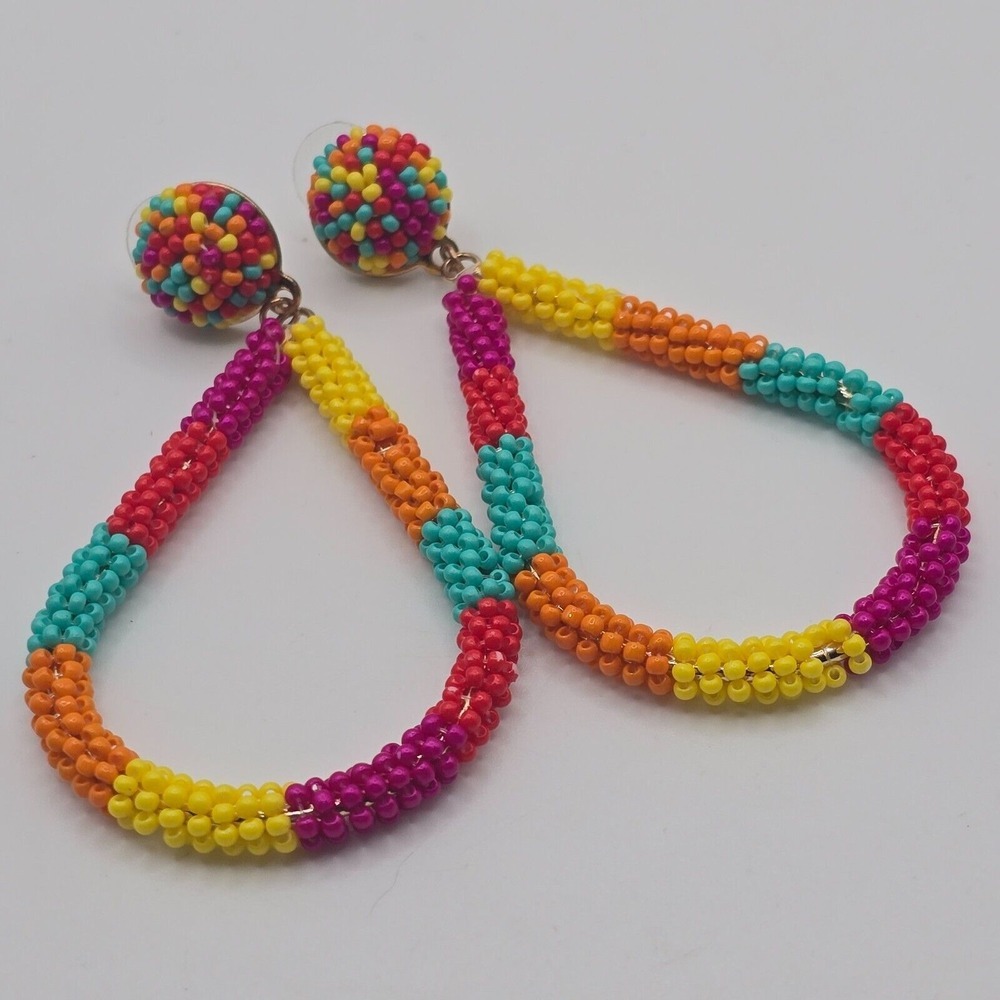 Multicolor Seed Bead Teardrop Stud Earrings Colorful Retro Beaded‎ Statement